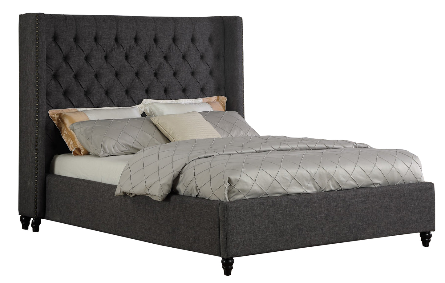 GREY MODERN VELVET UPHOLSTERED BED FRAME WITH TUFTED AND WING STYLE HEADBOARD- 1920G