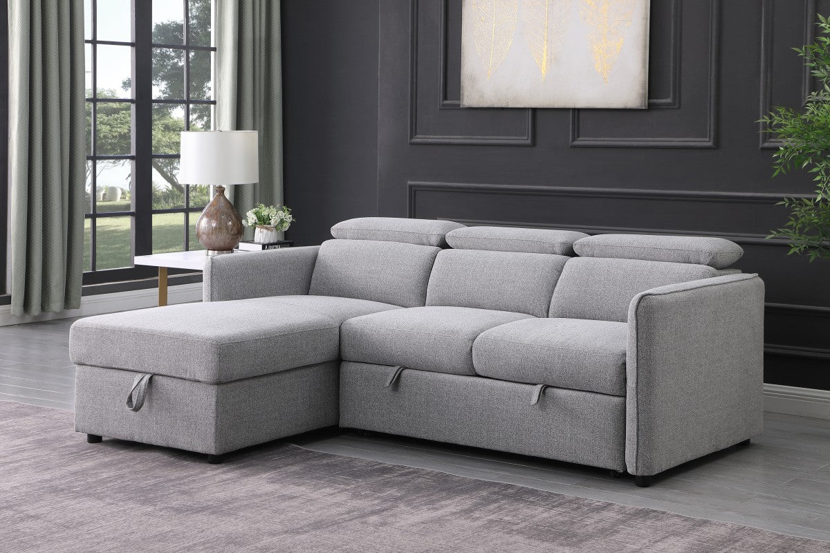 Grey Modern Fabric Upholstered Sectional Sofa Bed with RHF/LHF Storage Chaise and Adjustable Headrest- 7154