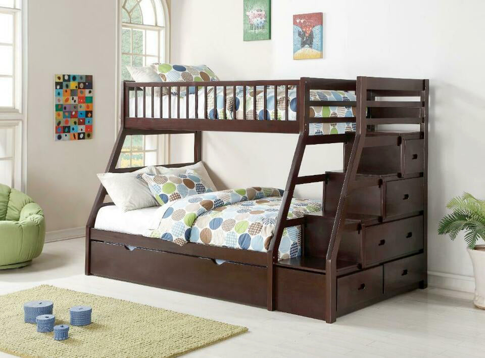 SOLID WOOD SINGLE OVER DOUBLE BUNK BED WITH STAIRS AND STORAGE DRAWERS- ESPRESSO