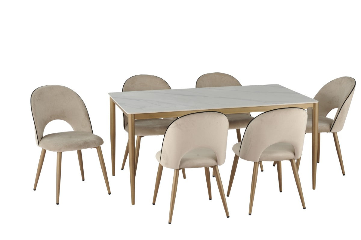 7Pcs Ceramic Top with Golden Legs Dining Table Set-5654