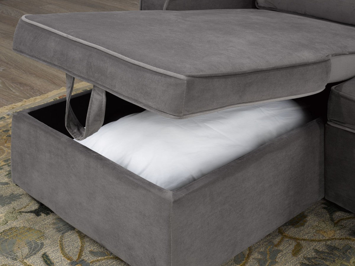 GREY FABRIC UPHOLSTERED SECTIONAL SOFA BED WITH REVERSIBLE STORAGE CHAISE- 0641