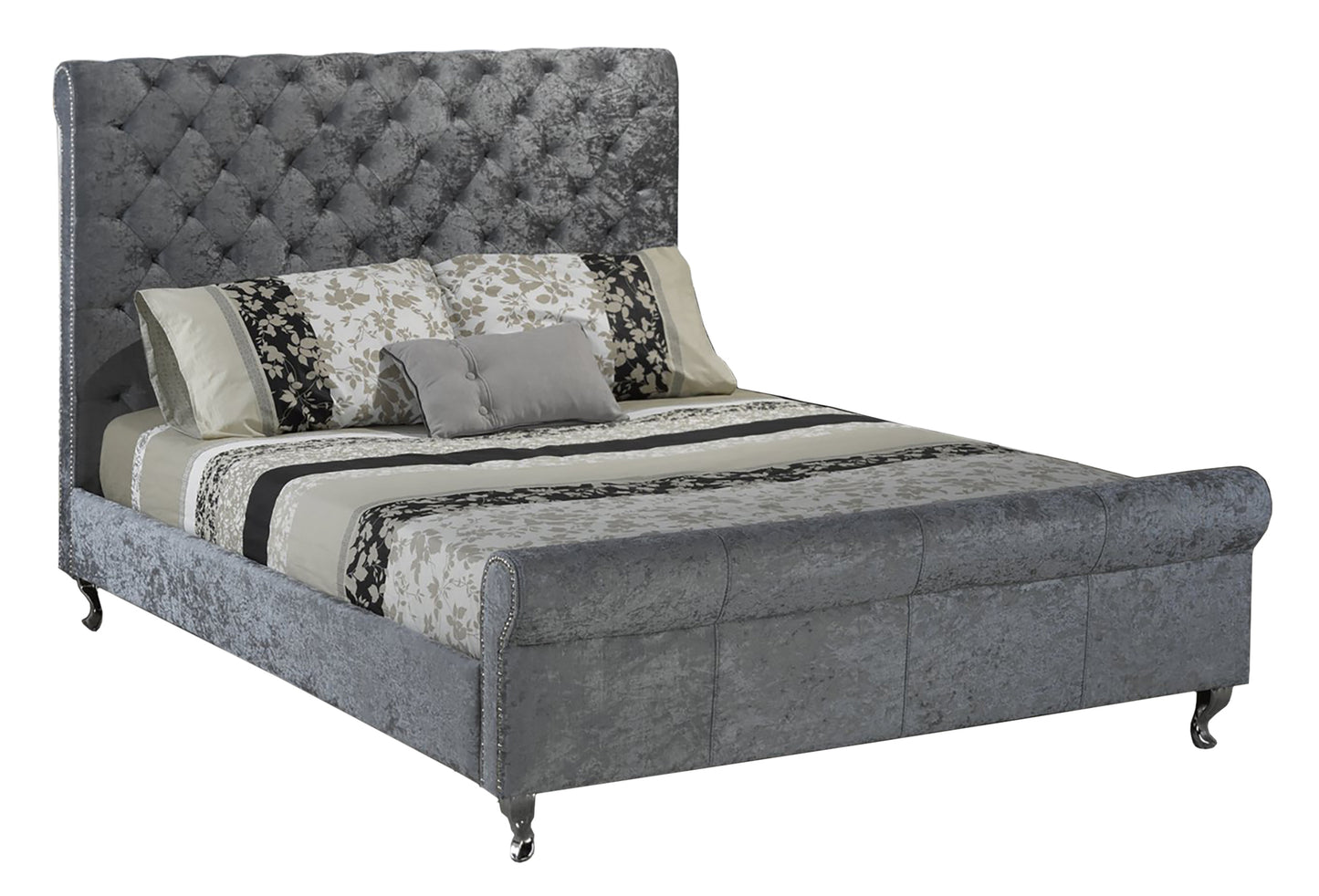 SILVER MODERN FABRIC UPHOLSTERED SLEIGH BED WITH TUFTED STYLE AND CHROME LEGS- 7316S