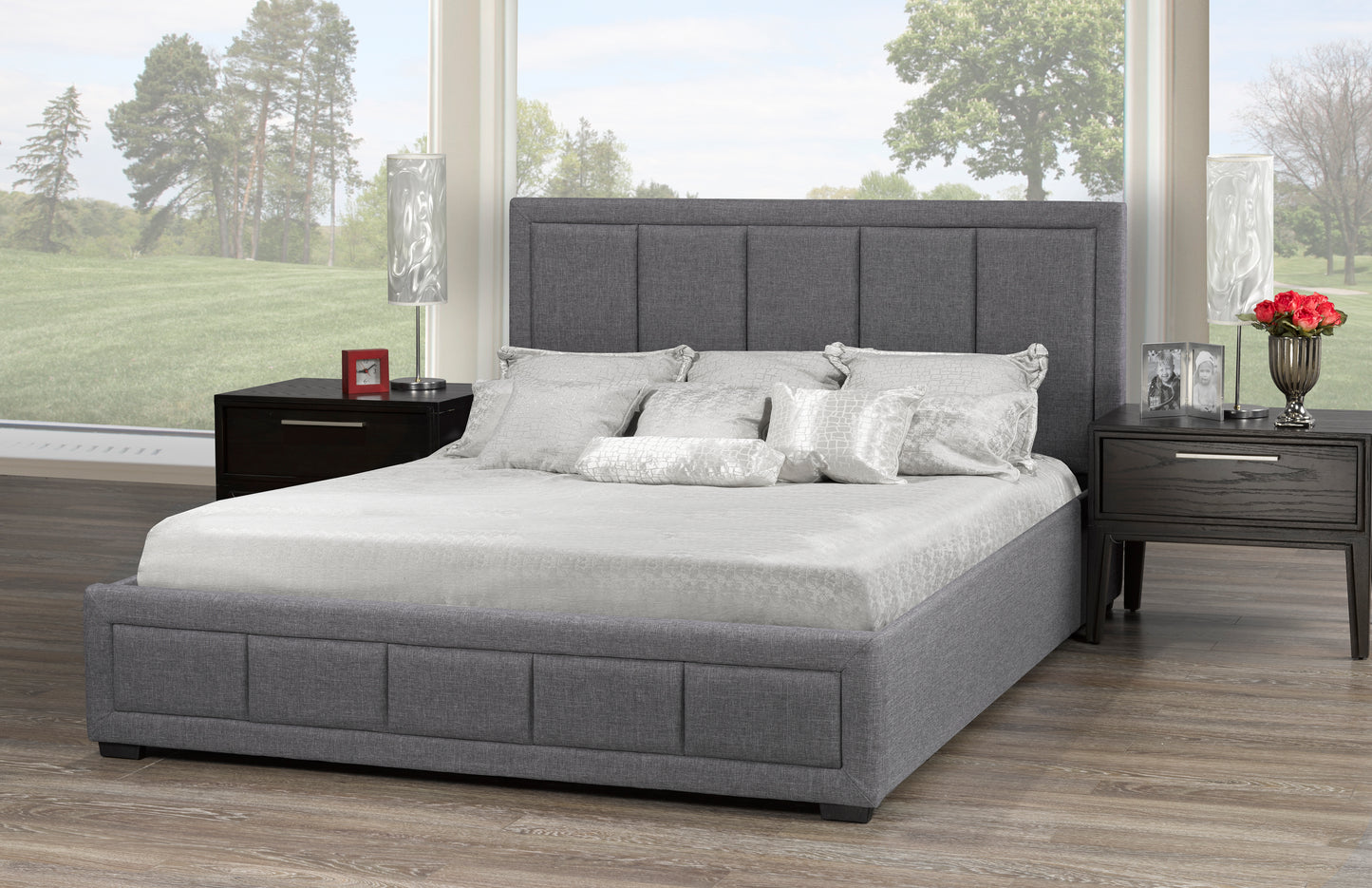 GREY FABRIC UPHOLSTERED HYDRAULIC STORAGE BED FRAME WITH CHANEL BACK STYLE- 828G