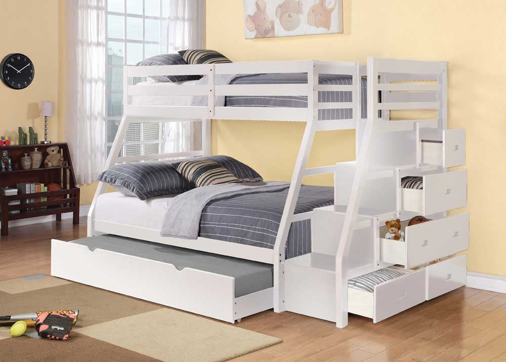 SOLID WOOD SINGLE OVER DOUBLE BUNK BED WITH STAIRS AND STORAGE DRAWERS- WHITE