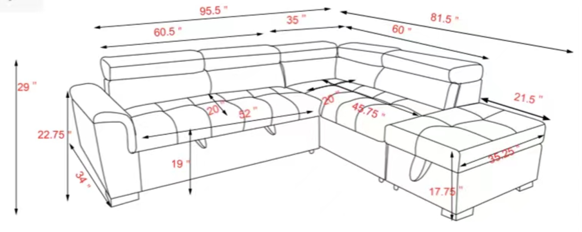 Grey Fabric Upholstered Sectional Sofa Bed with Adjustable Headrest- 7019