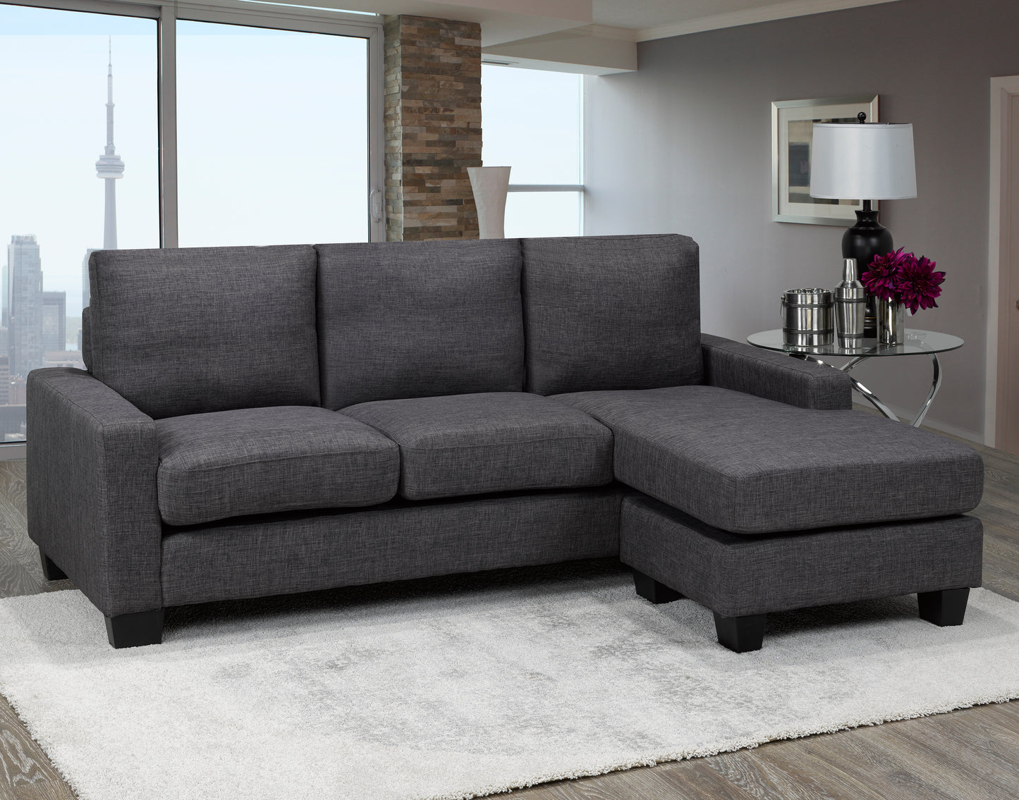 Compact Fabric Upholstered Sectional Sofa with Reversible Chaise- Grey
