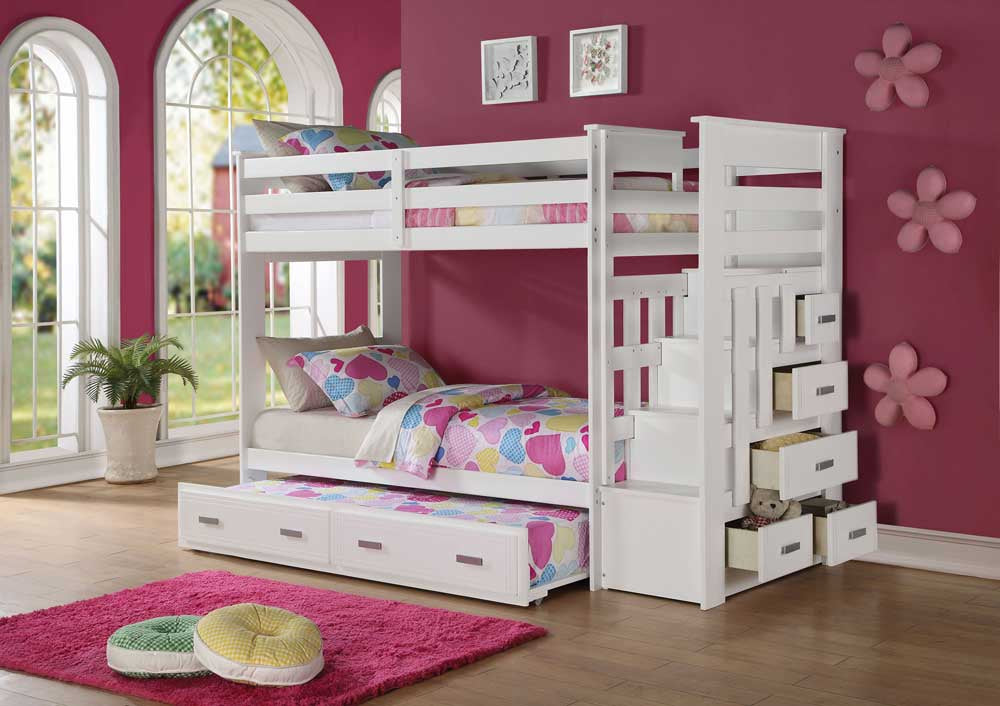 Solid Wood Single Over Single Bunk Bed with Stairs and Storage Drawers- White