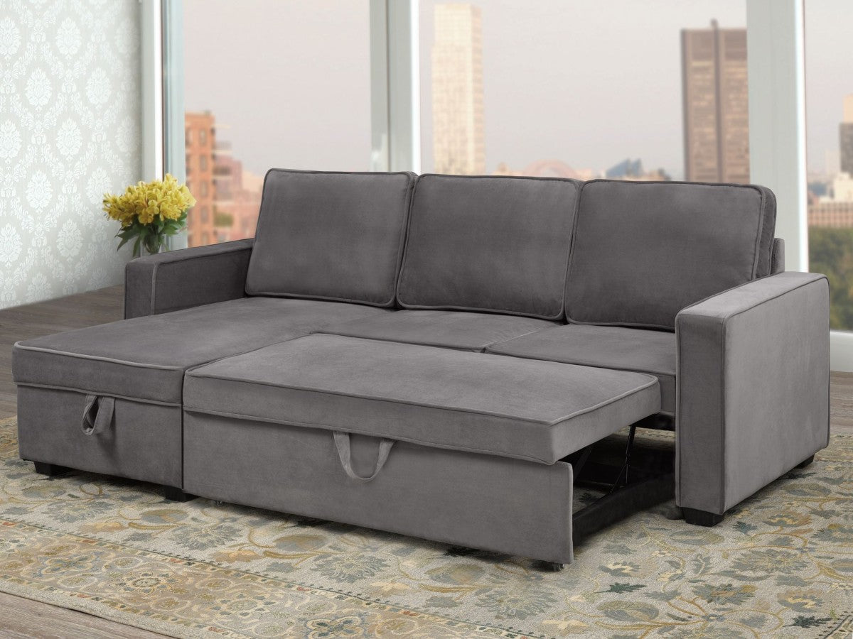 GREY FABRIC UPHOLSTERED SECTIONAL SOFA BED WITH REVERSIBLE STORAGE CHAISE- 0641