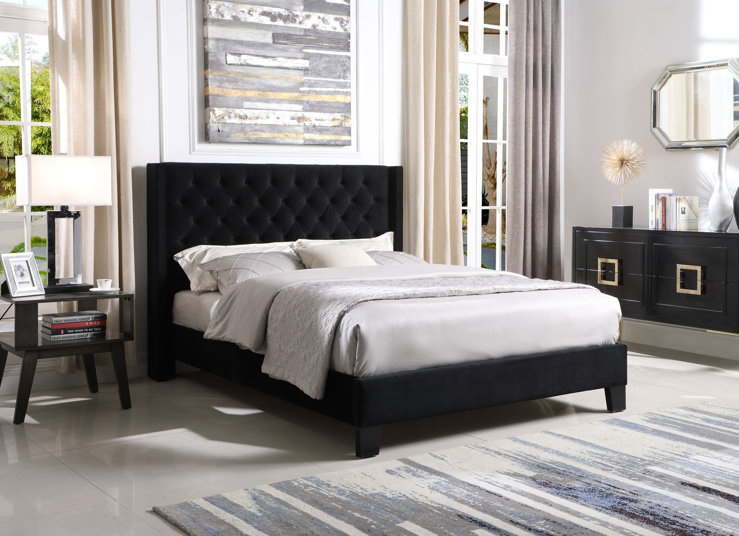 Black Fabric Upholstered Tufted Headboard Bed Frame- 7007B