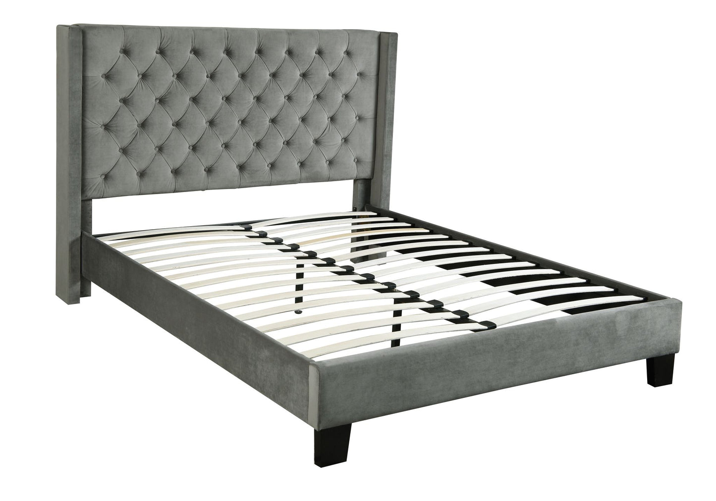 GREY FABRIC UPHOLSTERED TUFTED HEADBOARD BED FRAME- 7007G