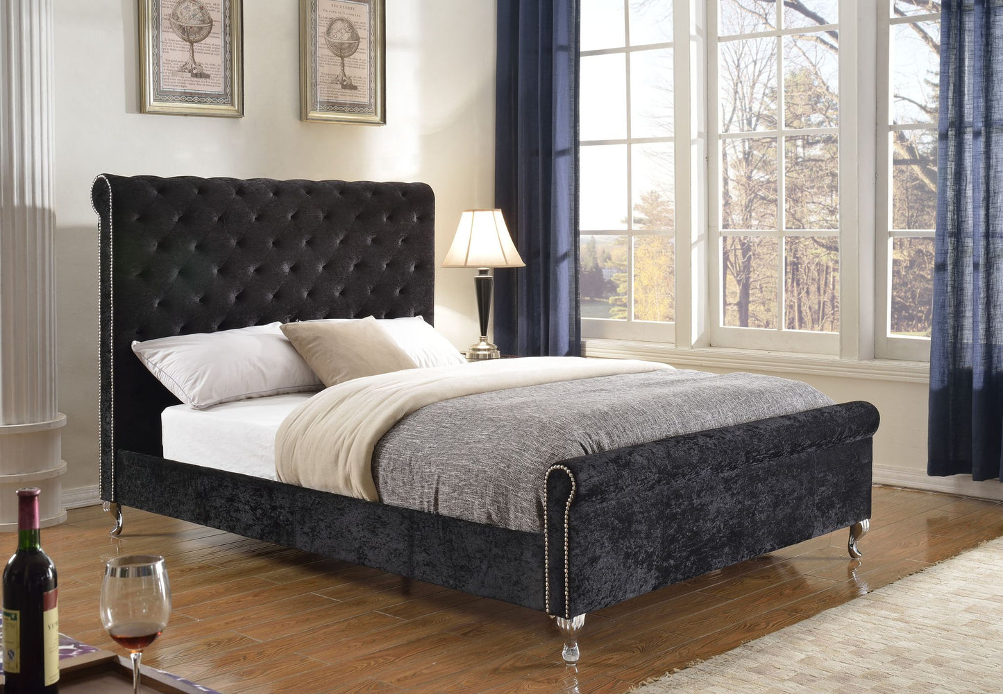 Black Modern Fabric Upholstered Sleigh Bed with Tufted Style and Chrome Legs- 7316