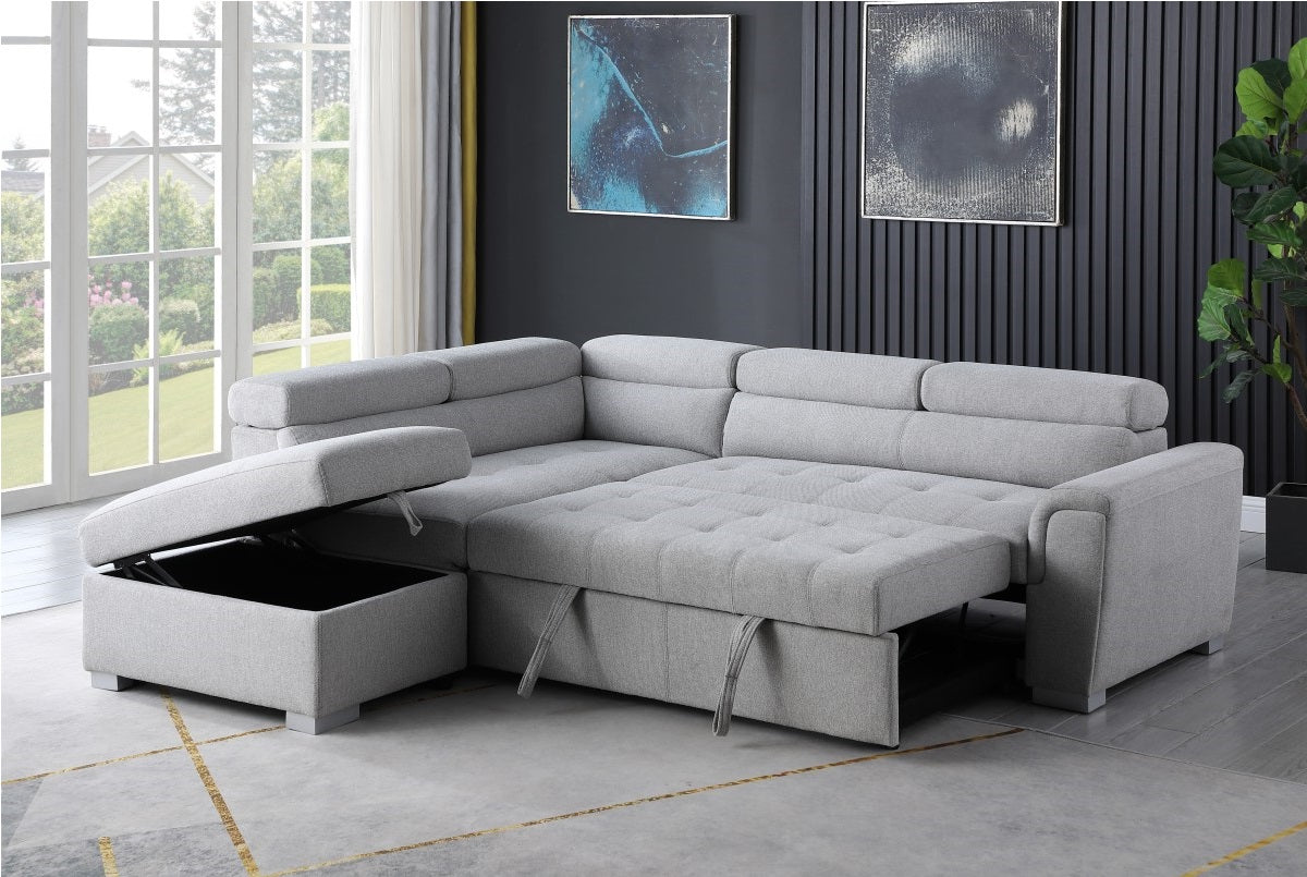Grey Fabric Upholstered Sectional Sofa Bed with Adjustable Headrest- 7019