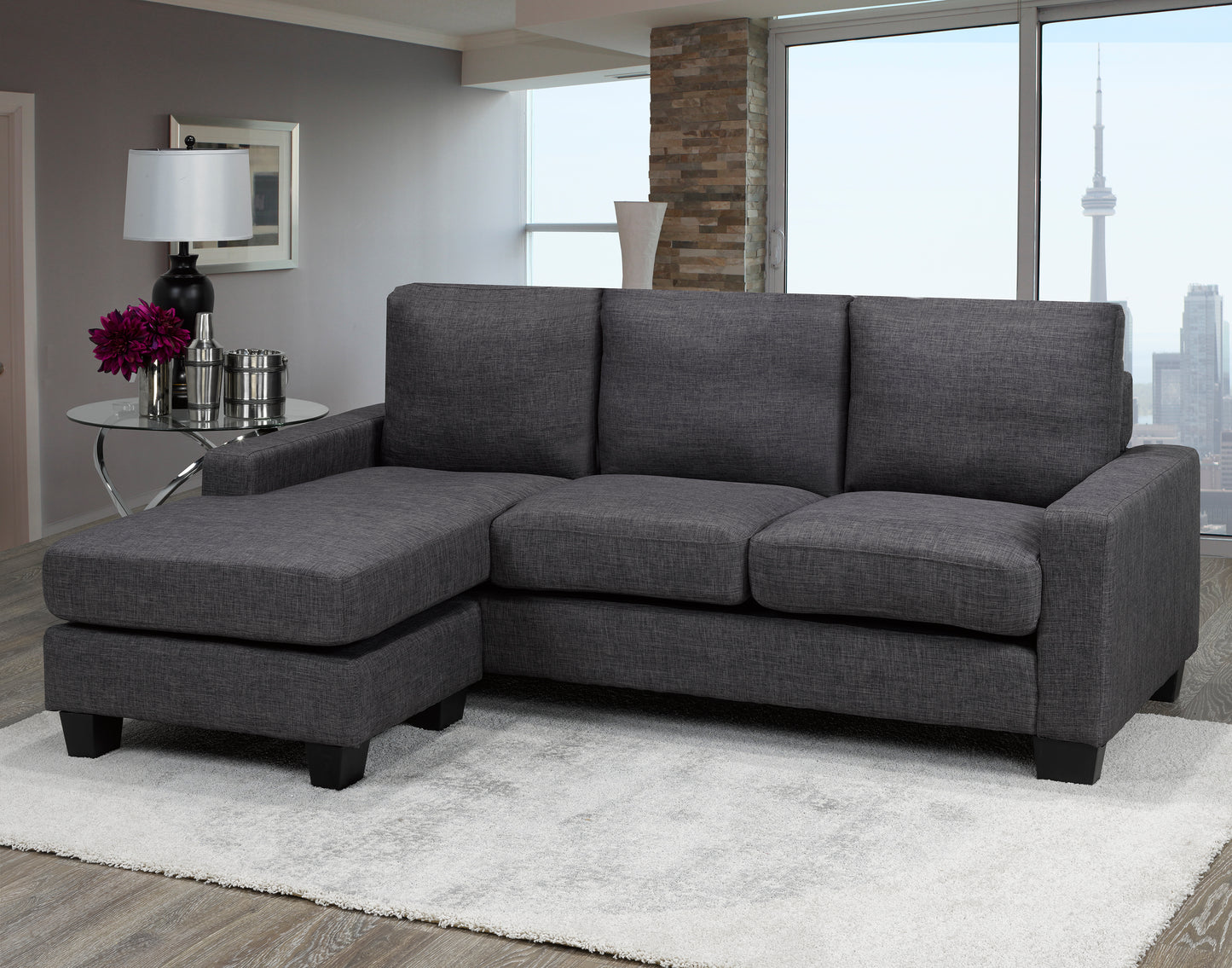 Compact Fabric Upholstered Sectional Sofa with Reversible Chaise- Grey