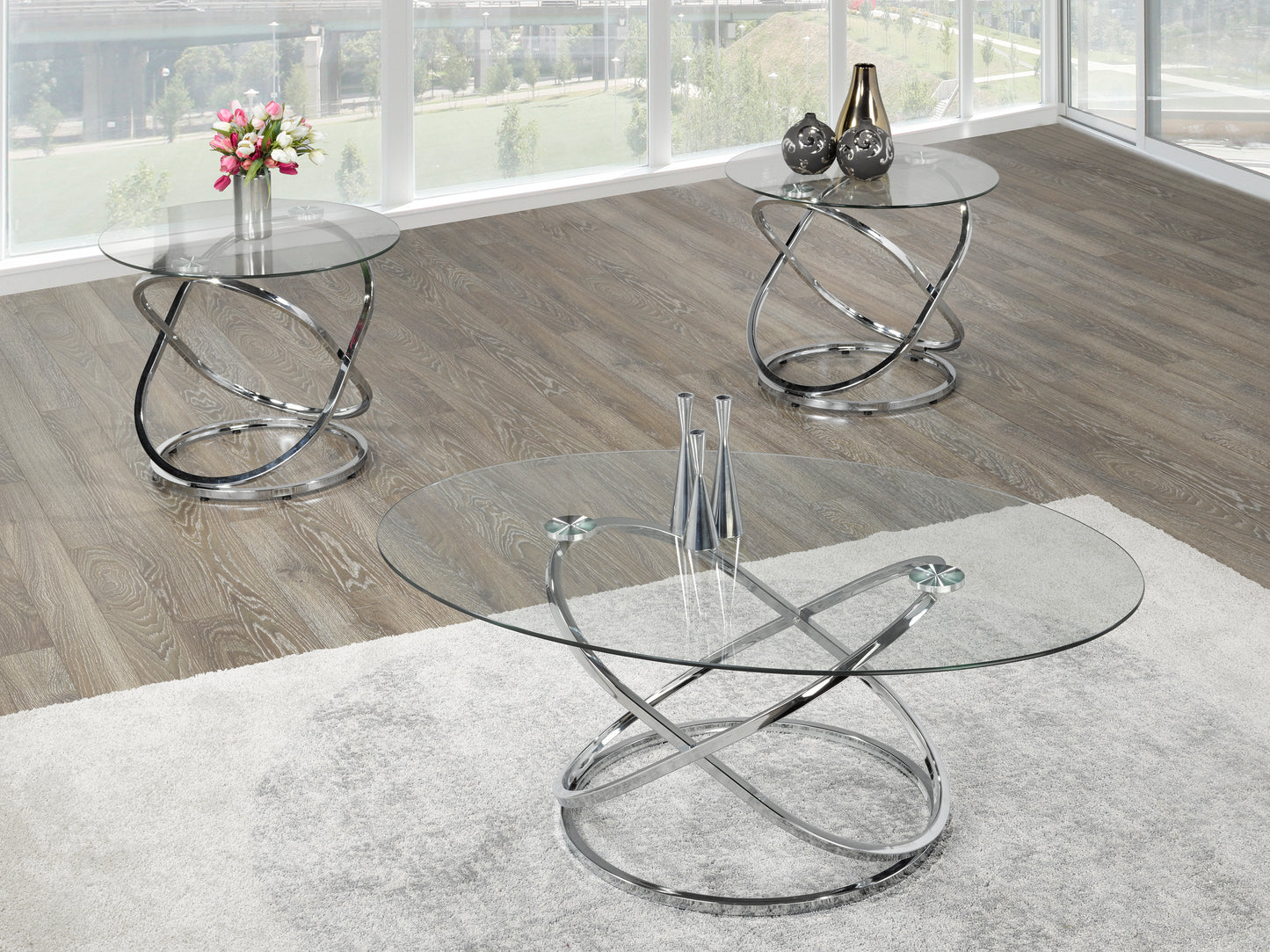 3Pcs Clear Glass Coffee Table Set with Chrome Finish Legs-8246