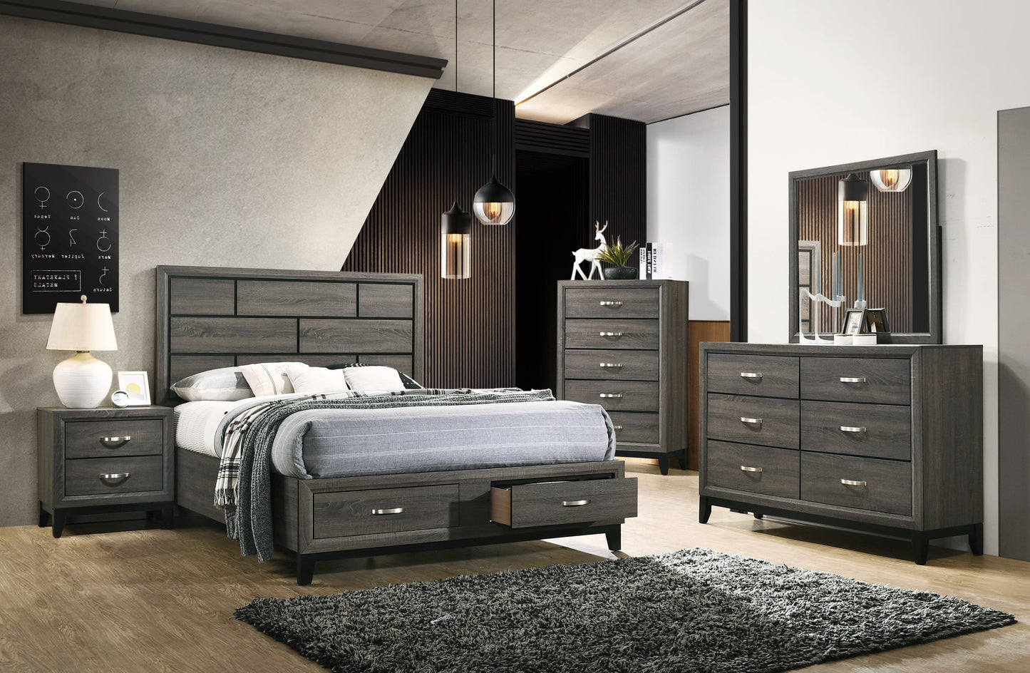 Grey Wooden Bedroom Set with Storage Drawers