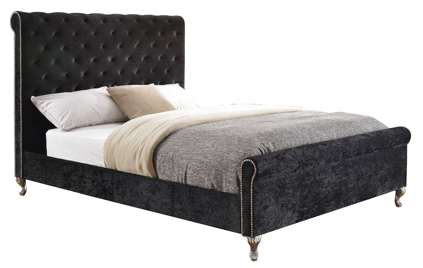 Black Modern Fabric Upholstered Sleigh Bed with Tufted Style and Chrome Legs- 7316