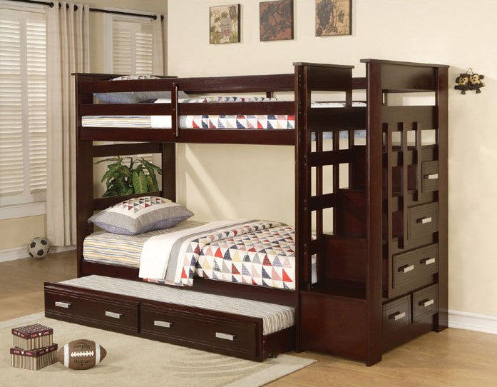 SOLID WOOD SINGLE OVER SINGLE BUNK BED WITH STAIRS AND STORAGE DRAWERS- ESPRESSO