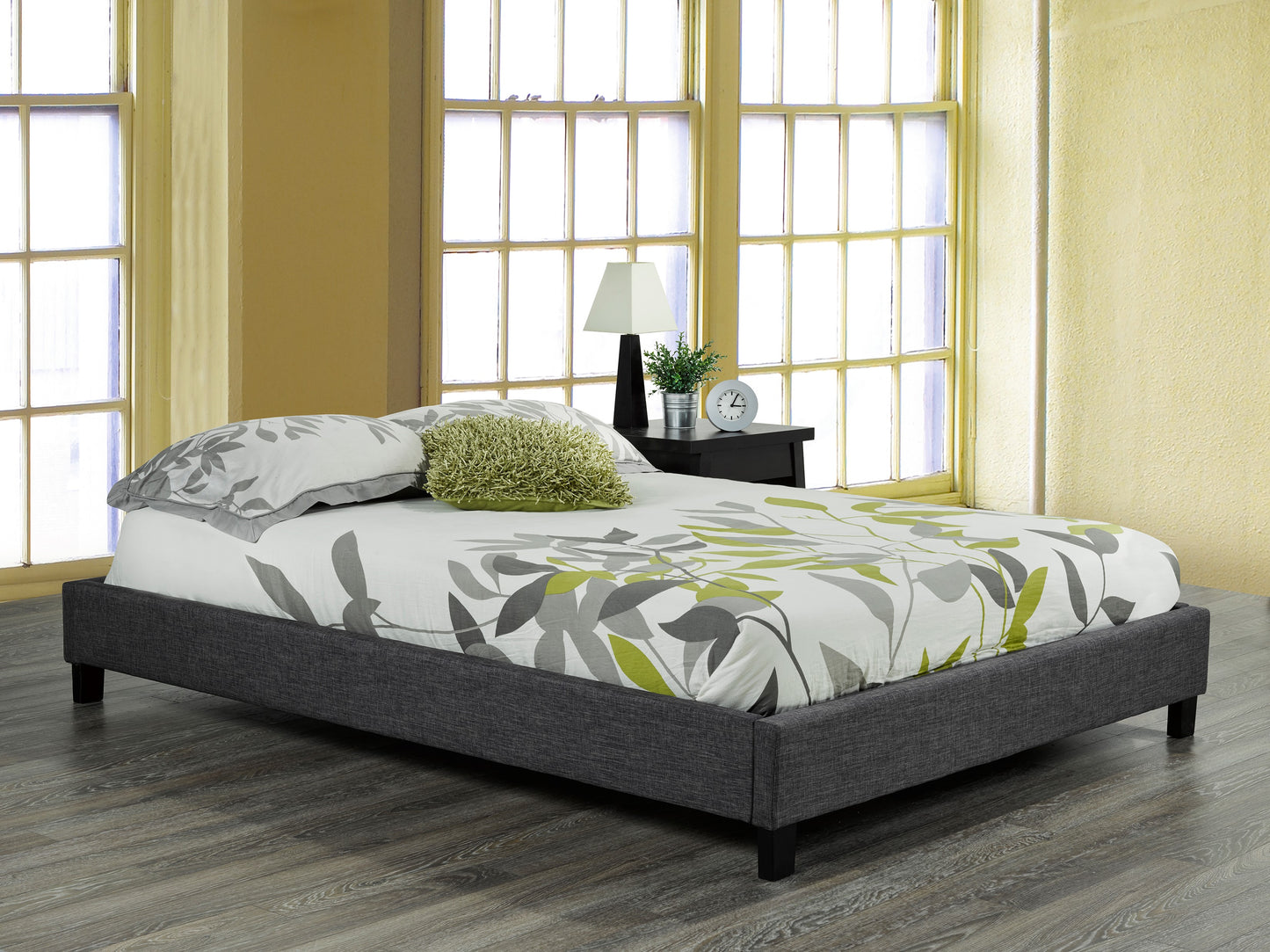 Fabric Upholstered Wooden Bed Base- Grey
