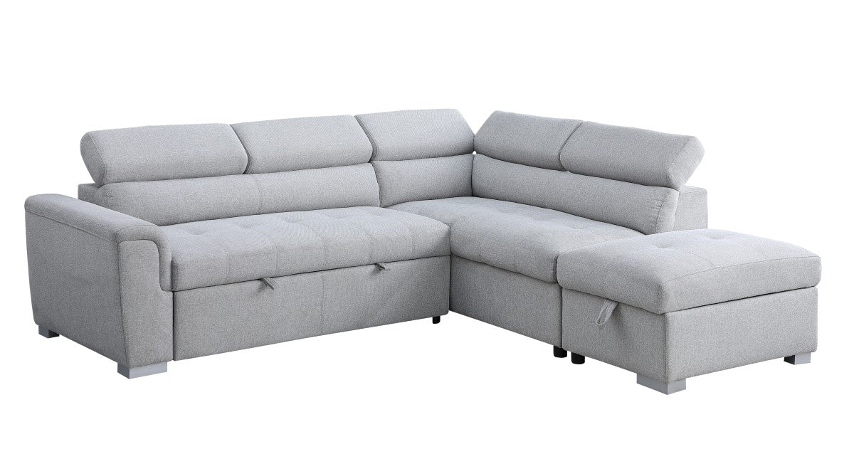 Grey Fabric Upholstered Sectional Sofa Bed with Adjustable Headrest- 7019