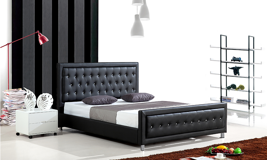 LEATHER UPHOLSTERED HYDRAULIC STORAGE BED WITH CRYSTAL TUFTED HEADBOARD AND FOOTBOARD-BLACK