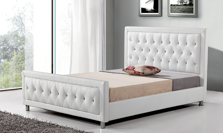 Leather Upholstered Hydraulic Storage Bed with Crystal Tufted Headboard and Footboard-White