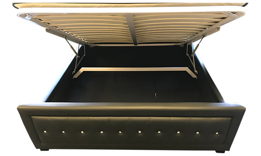 LEATHER UPHOLSTERED HYDRAULIC STORAGE BED WITH CRYSTAL TUFTED HEADBOARD AND FOOTBOARD-BLACK