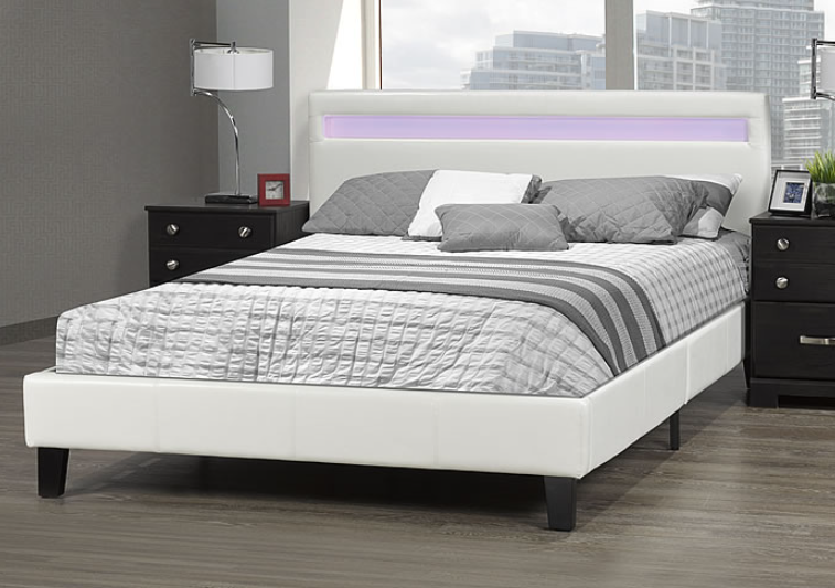 White Leather Upholstered Platform Bed with LED Lights Headboard- 688