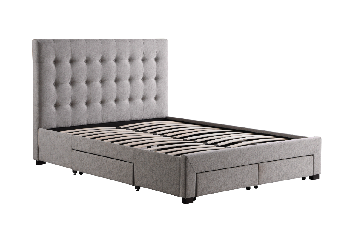 Grey Fabric Upholstered Bed Frame with Button Tufted Headboard and Storage Drawers- 1952