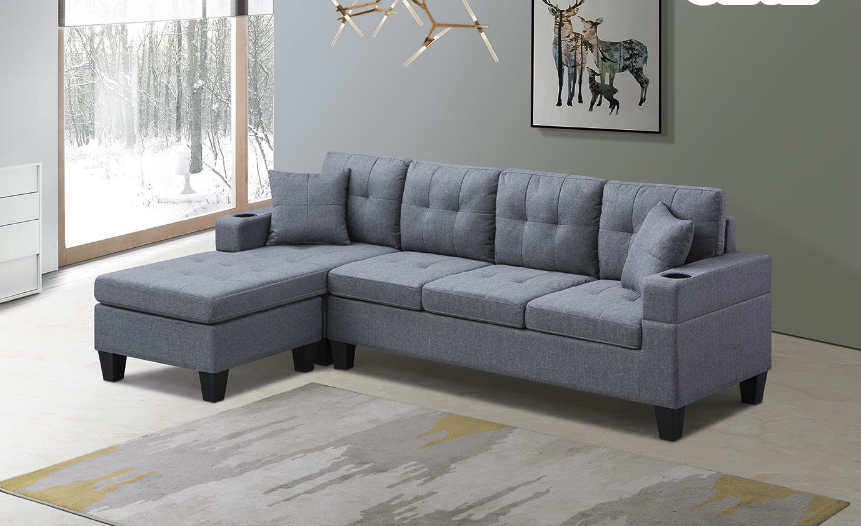 Grey Fabric Upholstered Sectional Sofa with Reversible Chaise with Cupholders