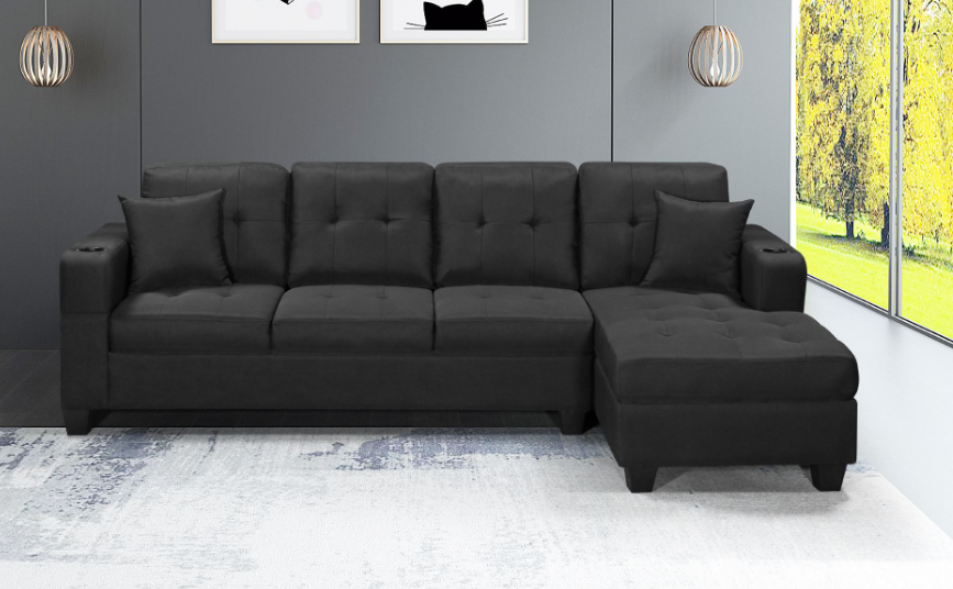 BLACK FABRIC UPHOLSTERED SECTIONAL SOFA WITH REVERSIBLE CHAISE WITH CUPHOLDERS
