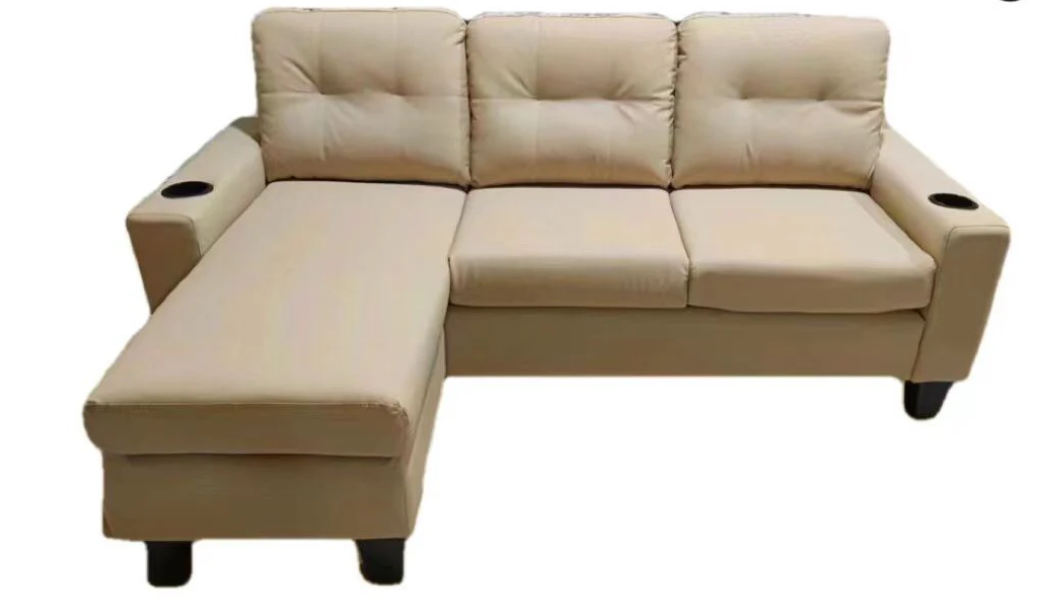 Condo Size Anti Scratch Leather Upholstered Sectional Sofa with Reversible Chaise and Cupholders- Beige