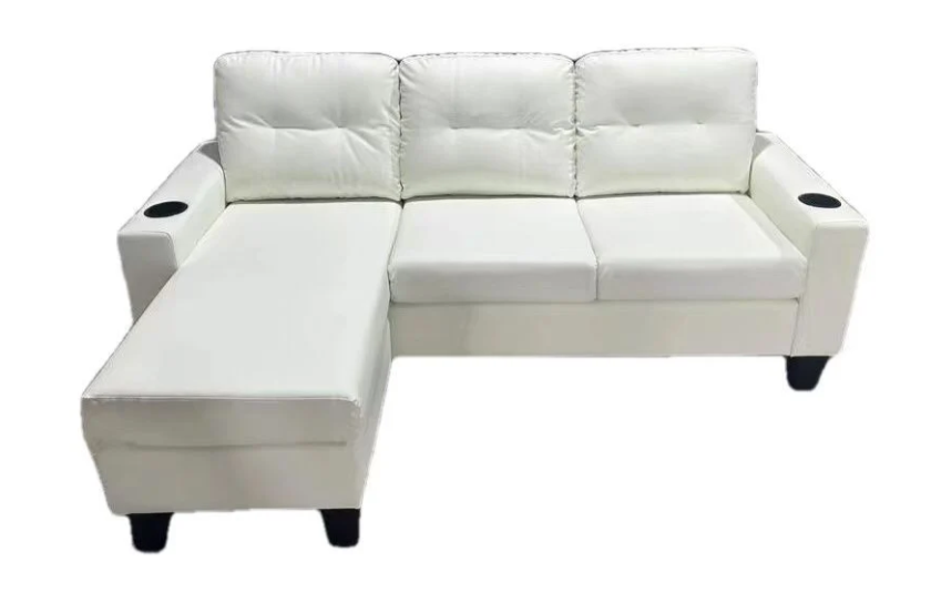 CONDO SIZE ANTI SCRATCH LEATHER UPHOLSTERED SECTIONAL SOFA WITH REVERSIBLE CHAISE AND CUPHOLDERS- WHITE