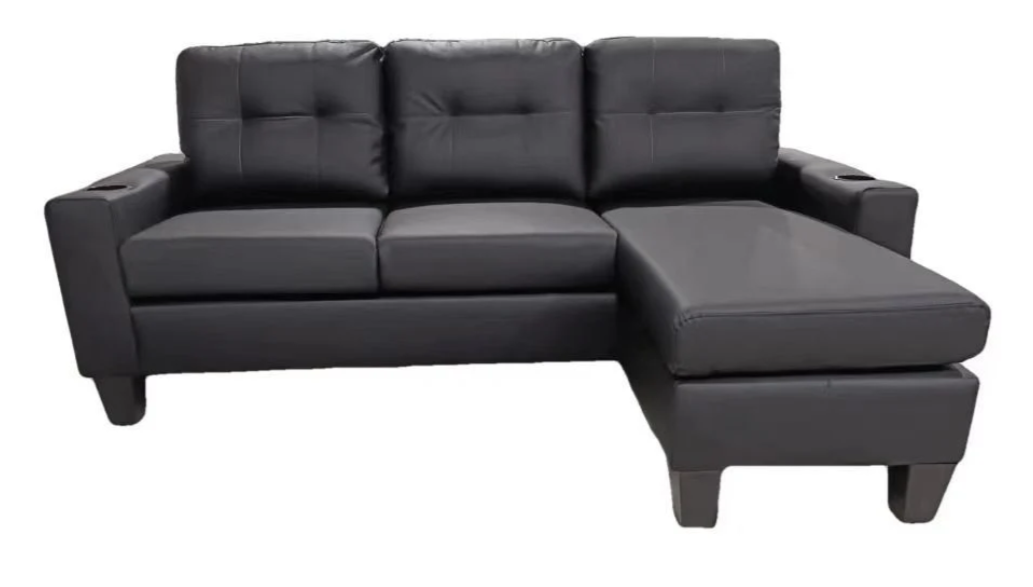 CONDO SIZE ANTI SCRATCH LEATHER UPHOLSTERED SECTIONAL SOFA WITH REVERSIBLE CHAISE AND CUPHOLDERS- BLACK