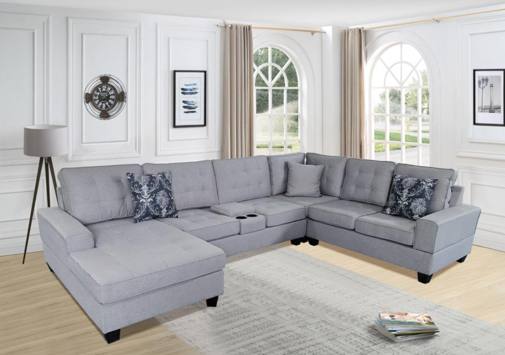 "U" Shaped Sectional Sofa with Cupholders and Console Storage Light Grey- Castle