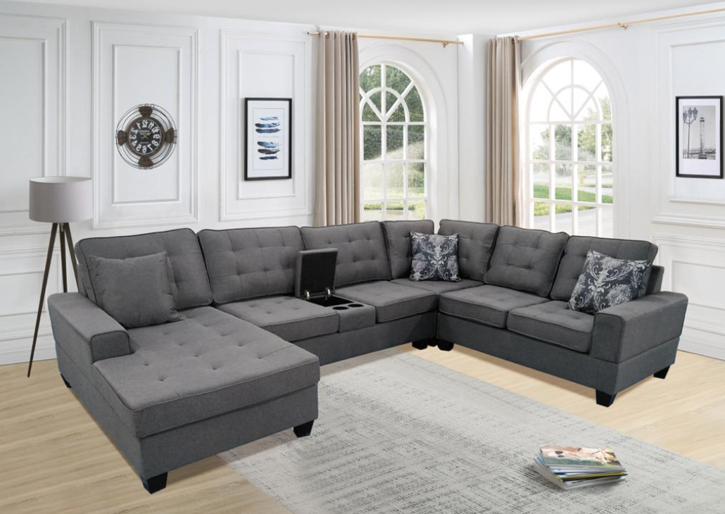 "U" Shaped Sectional Sofa with Cupholders and Console Storage Dark Grey- Castle