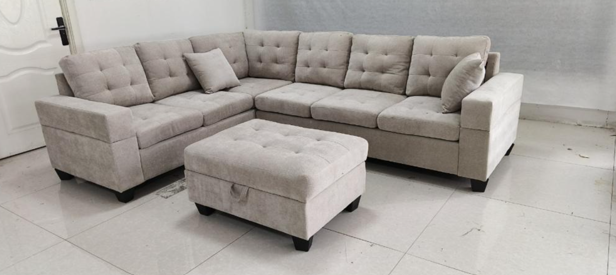 Beige Sofa Corner Sofa with Reversible Armless Chair with Free Storage Ottoman- Emerson