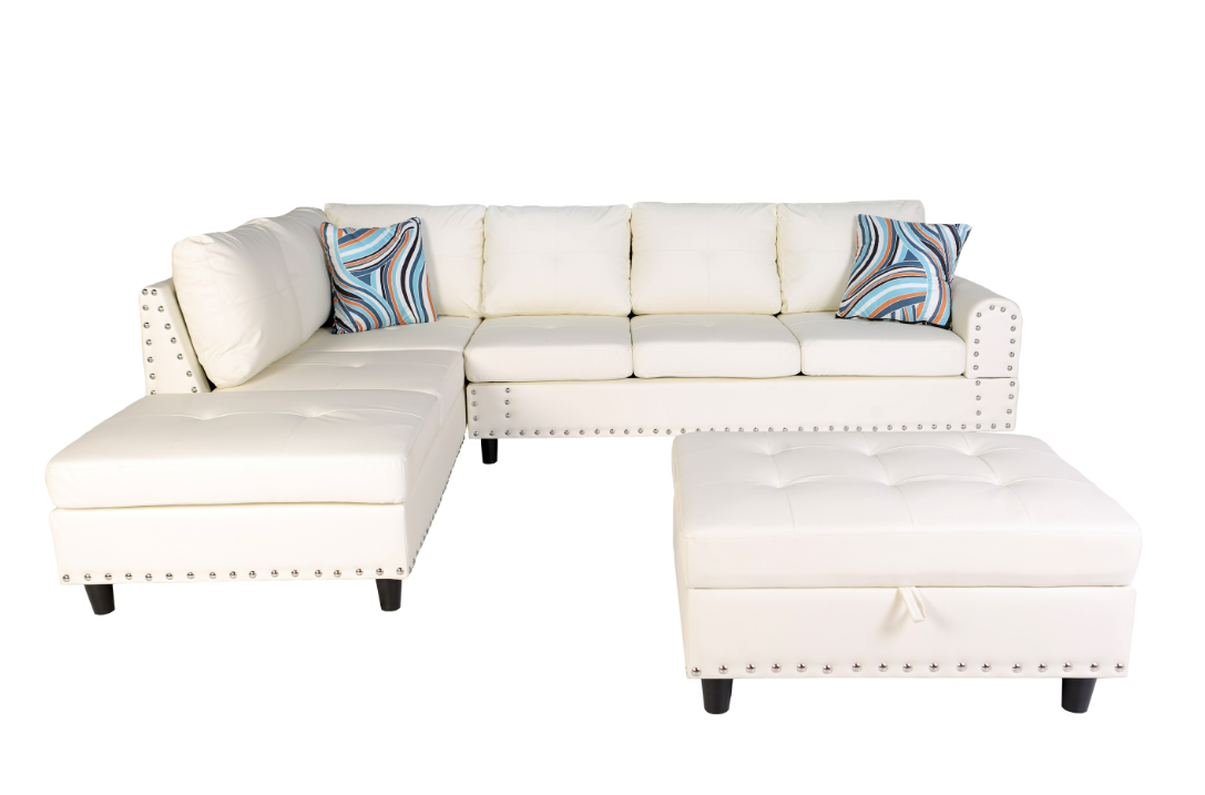 White PU Leather Upholstered Sectional Sofa with Reversible Chaise and Free Storage Ottoman- Lily