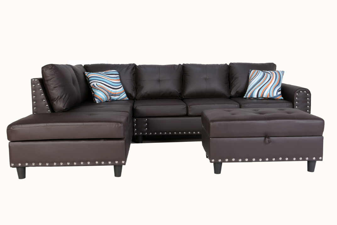 Brown PU Leather Upholstered Sectional Sofa with Reversible Chaise and Free Storage Ottoman- Lily