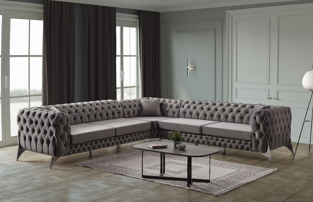 Grey Turkish Made Tufted Style Sofa Corner Sofa with Chrome Finish Legs- Chester