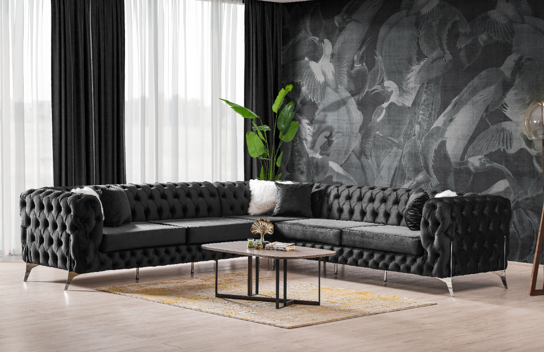 Black Turkish Made Tufted Style Sofa Corner Sofa with Chrome Finish Legs- Chester