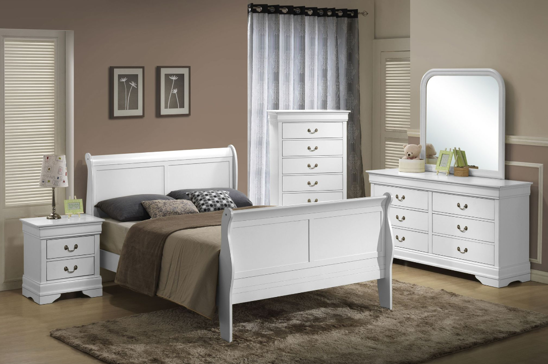 8Pcs Solid Wood Sleigh Bedroom Set- LP White