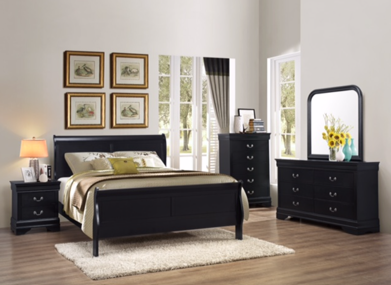 8Pcs Solid Wood Sleigh Bedroom Set- LP Black