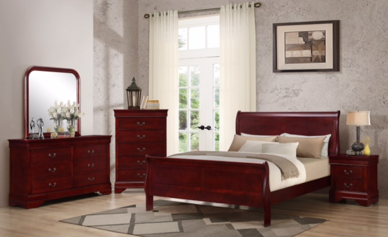 8Pcs Solid Wood Sleigh Bedroom Set- LP Cherry