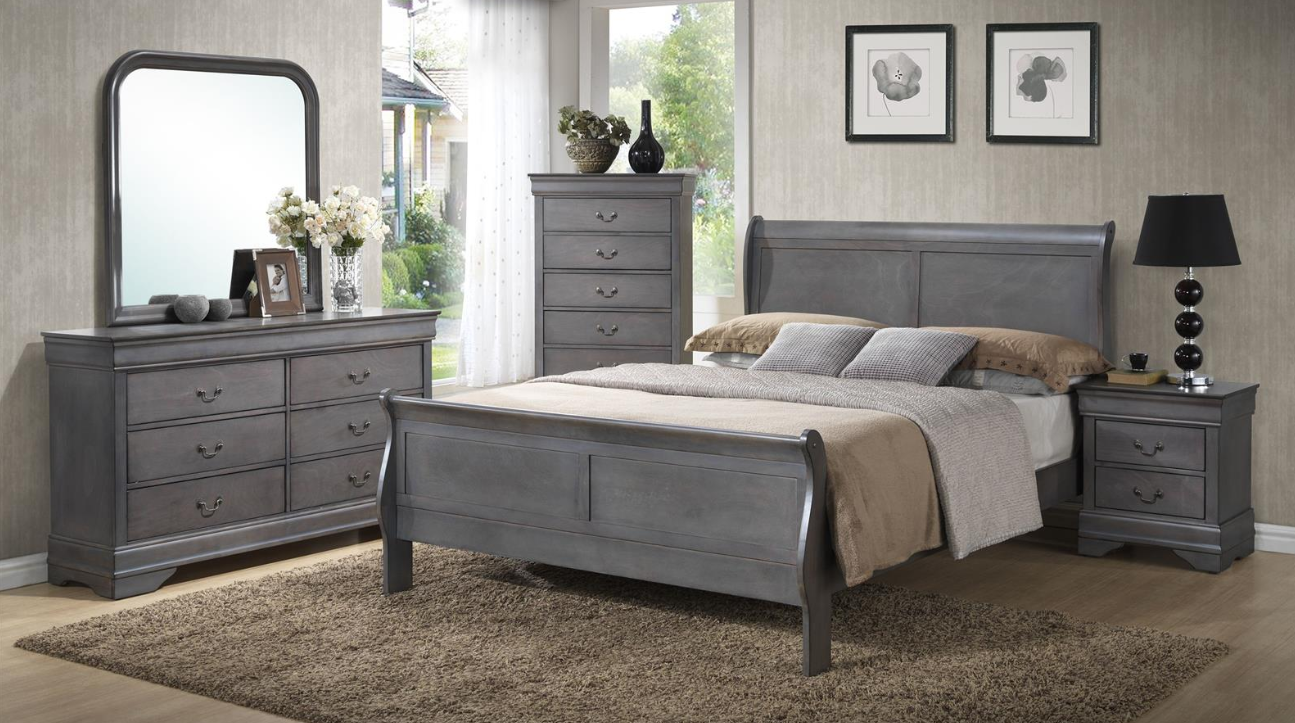 8Pcs Solid Wood Sleigh Bedroom Set- LP Grey