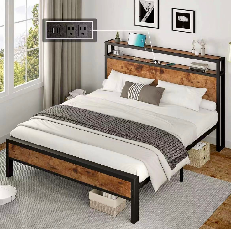 Metal/Wood Platform Bed with Phone Charging Port-1300