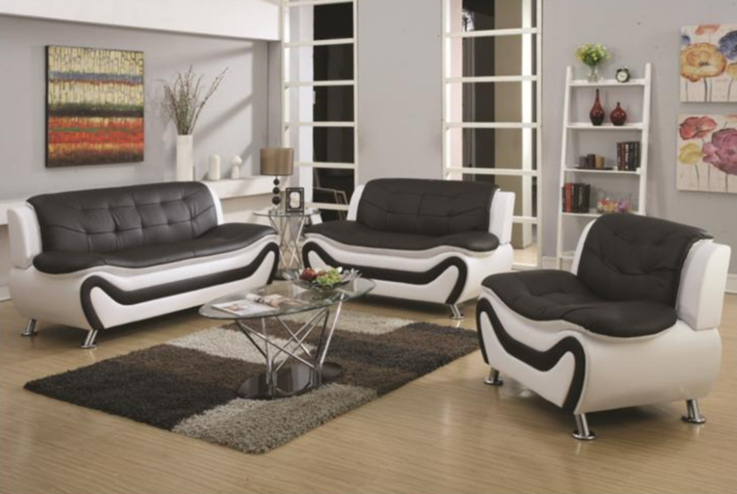 PU Leather Two Tone Modern Sofa Set with Chrome Legs- White/Black