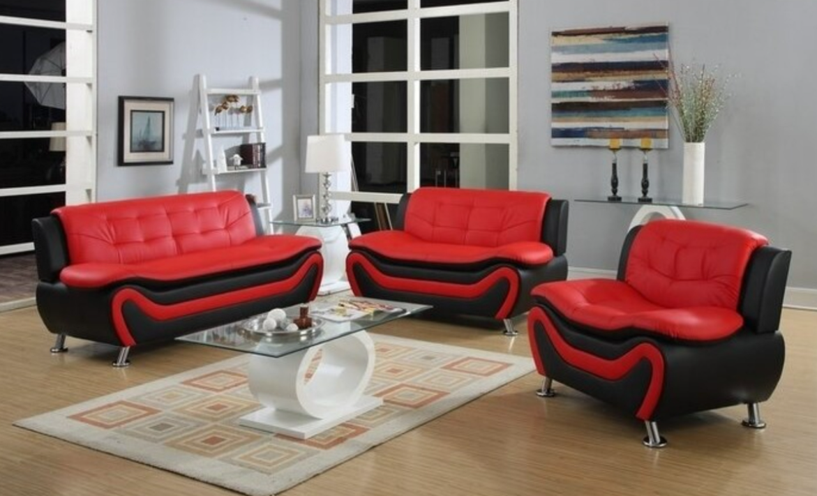 PU Leather Two Tone Modern Sofa Set with Chrome Legs- Red/Black