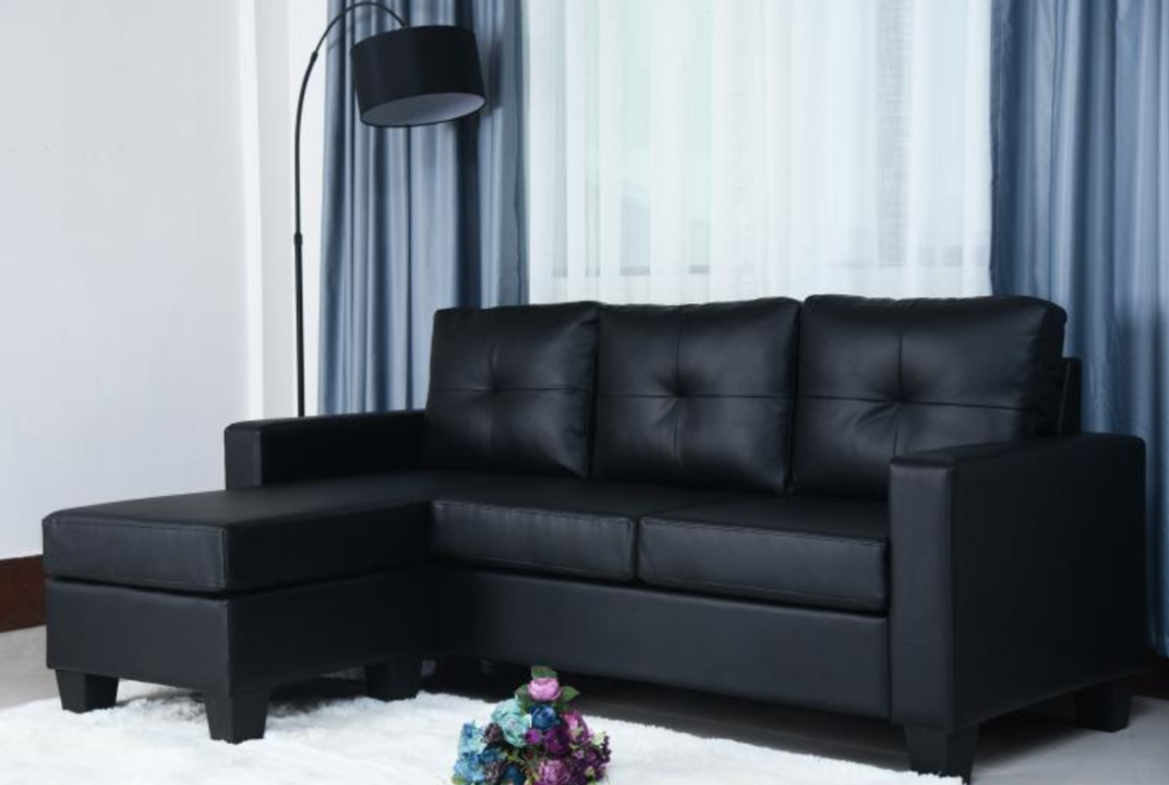 Black PU Leather Upholstered Condo Size Sectional Sofa with Reversible Chaise- Anna