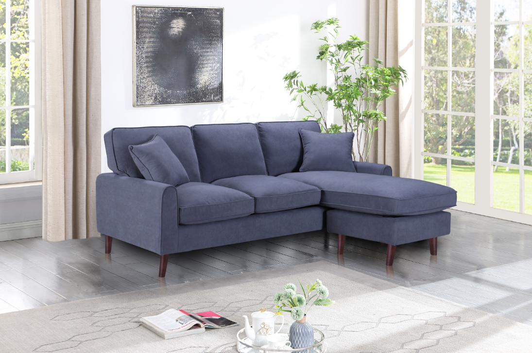 Grey Velvet Upholstered Plush Cushion Sectional Sofa with Reversible Chaise- Mona