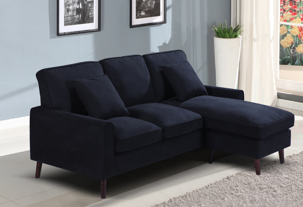 Black Velvet Upholstered Plush Cushion Sectional Sofa with Reversible Chaise- Mona